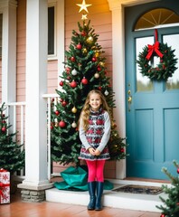 Obraz na płótnie Canvas Happy girl standing on the porch near christmass tree