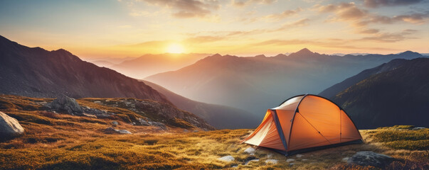 Camping tent high in mountains. adventure concept. wide banner