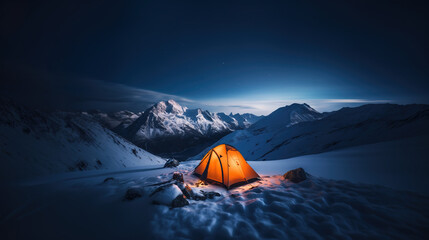 Illuminated Camping Yellow Tent on snow at Night in High Altitude Alpine Landscape