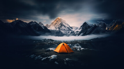  Glowing orange tent camping in the mountains in front of majestic mountain range - Powered by Adobe