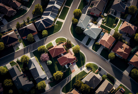 Drone aerial view over suburban houses in a residential blocks. AI generative illustration.