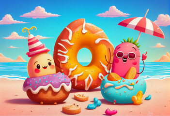 Three cheerful character donuts on vacation at sea. AI generated.