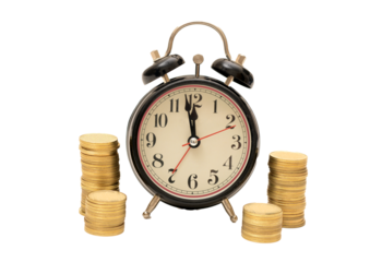 time is money concept with clock and coins no background transaprent png
