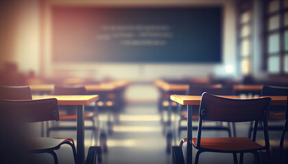 Classroom, school. There are tables and desks, no one, an empty classroom. Back to school concept. AI generative.