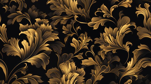 Damask seamless pattern for the luxury wallpaper market golden elements on a black background.