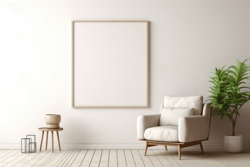 Scandinavian living room interior with blank frame mock up on wall with minimalist furniture chair plant white
