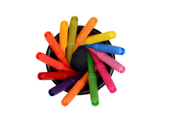 Set of Colorful markers top view in pen holder isolated on transparent png