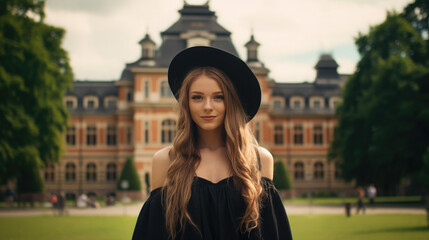 Fototapeta premium Generative AI, young handsome student, university graduate, professor on the background of the college, black gown and academic cap, researcher, joyful emotions, smile, architecture