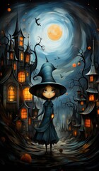A painting of a little girl in a witch's hat. Digital image. Halloween character.