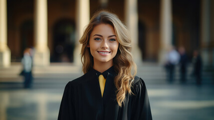 Generative AI, young stylish girl student, university graduate, professor on the background of the college, black gown, researcher, joyful emotions, smile, architecture, woman