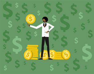 Man holding coin with dollar icon on background