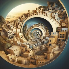 Surreal Fibonacci golden spiral illustration. futuristic city build on the spiral ground, way path to other world, other dimension, space