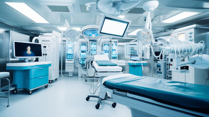 New modern equipment and devices in a medical clinic. Hospital interior. AI generated.