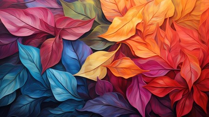 A painting of colorful leaves on a black background. Digital image.
