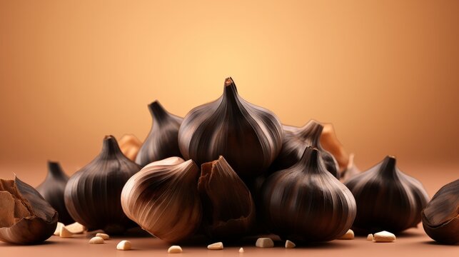 A heap of aromatic black garlic on a rustic brown backdrop