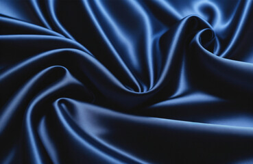 Obraz premium Navy blue silk fabric background, dark blue satin waves