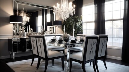Interior design inspiration of Contemporary Glam style home dining room loveliness decorated with Glass and Velvet material and Crystal Chandelier .Generative AI home interior design .