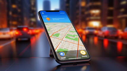 Smartphone navigator with the image of a map of the city lies on the dashboard of a car. AI generated.