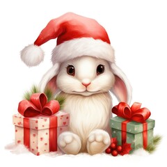 A white rabbit wearing a santa hat sitting next to a pile of presents. Digital image. Autumn, Fall decorative clipart.