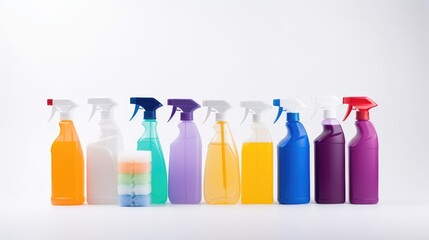 several plastic bottles cleaning products isolated on white background