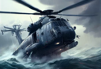 Foto op Plexiglas A military helicopter tries to land on the deck of a warship during a storm. Critical situation, near disaster. AI generated. © serperm73