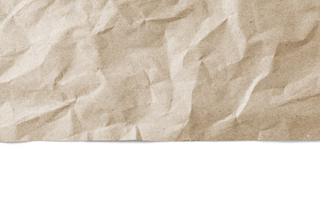 Recycled crumpled brown paper texture with edge, border isolated on white, transparent background, PNG. Wrinkled and creased abstract backdrop, design element, wallpaper with copy space, top view.