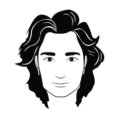 Young man face with long hair isolated on white, vector illustration