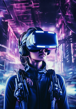 A stylish girl of the future in a VR headset and headphone against the background of a night city. girl in viar glasses, virtual reality glasses. AI generated