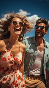 Happy young couple driving in convertible car on road trip. Man and woman laughing and having fun together. Beautiful young woman  with flying hair in the air.
