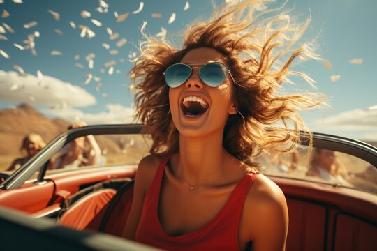 Beautiful young woman driving convertible car with flying hair in the air