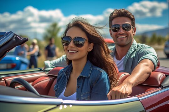 Happy young couple driving in convertible car on road trip. Man and woman laughing and having fun together. Beautiful young woman  with flying hair in the air.
