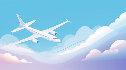 Airplane flying in the blue sky. Simple clip art of an aircraft passing through the clouds. Airliner flying in the beautiful blue sky. Vector illustration of a passenger plane. Travel Concept.