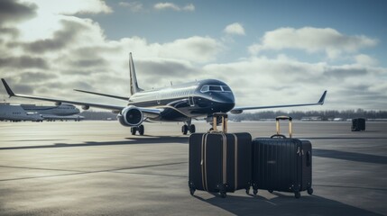 Suitcases with an Airplane standing at the airport. Modern aircraft waiting for traveler luggage to be loaded. Suitcases standing outside the airplane, on a bright summer day. Travel concept.