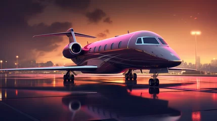 Fotobehang Private jet standing on a wet runway with a cloudy sunset sky. Modern business jet taxiing. Luxury Aircraft preparing for a flight. Picture of a parked passenger plane. Departure and Travel Concept. © Valua Vitaly