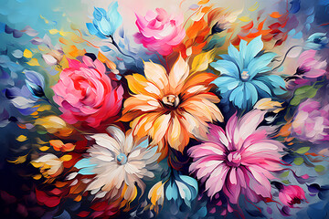 Many beautiful flowers. Oil painting. Impressionism style.