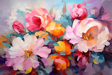 Many beautiful flowers. Oil painting. Impressionism style.