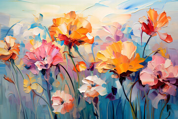 Many beautiful flowers. Oil painting. Impressionism style.