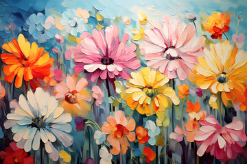 Many beautiful flowers. Oil painting. Impressionism style.