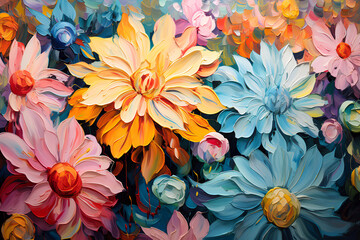 Many beautiful flowers. Oil painting. Impressionism style.