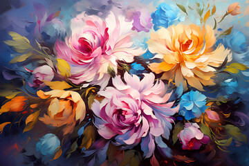 Many beautiful flowers. Oil painting. Impressionism style.