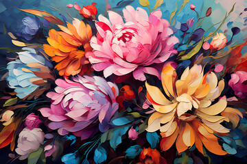 Many beautiful flowers. Oil painting. Impressionism style.