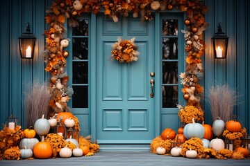 Front door with thanksgiving autumnal decorations in light blue and orange tones