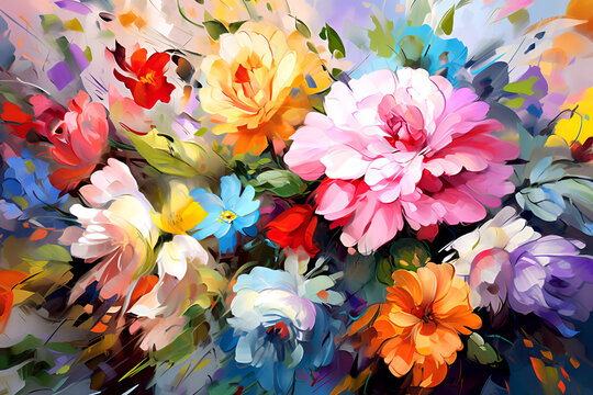 Many beautiful flowers. Oil painting. Impressionism style.