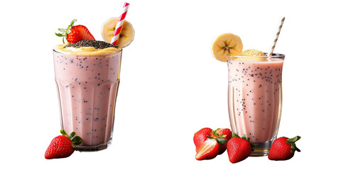 Smoothie made with bananas and strawberries topped with bananas and black sesame seeds transparent...