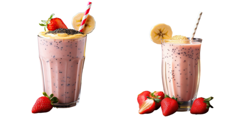 Smoothie made with bananas and strawberries topped with bananas and black sesame seeds transparent background