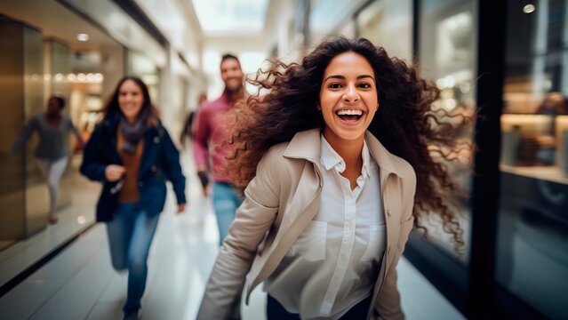 Cheerful woman running in the shopping mall after promotions of hot sale and black Friday