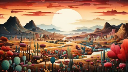 A painting of a desert landscape with cactus plants. Digital image.