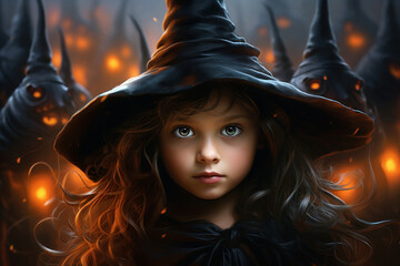 Halloween holidays or festival concept. Children with Halloween costumes in Halloween theme background with copy space. Generative AI