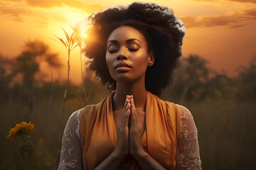 African American woman praying in nature 1 - obrazy, fototapety, plakaty