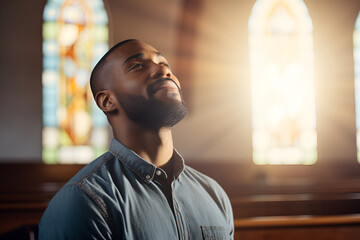 African American man praying in church